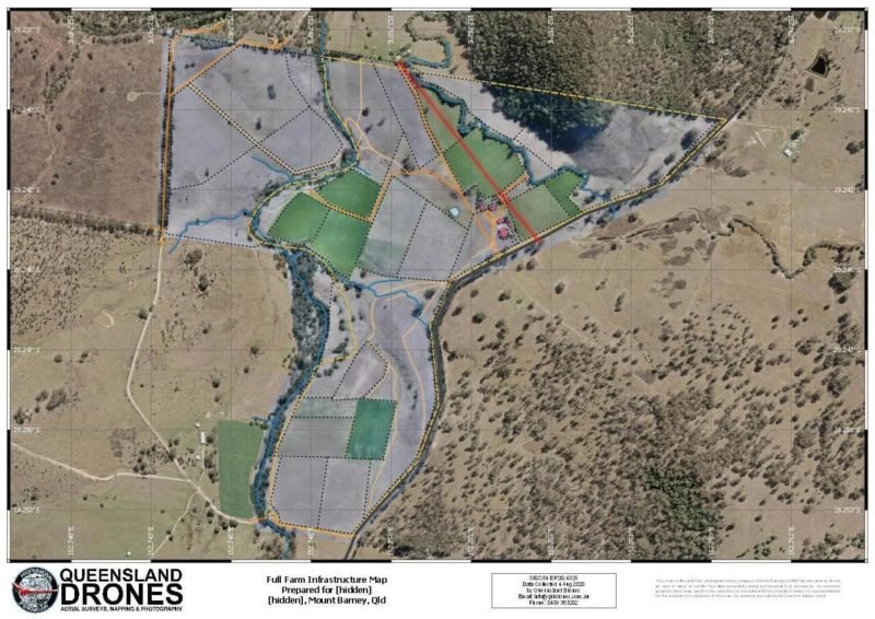 An A0 wall map of elevation contour mapping and farm infrastructure overlaid on an orthomosaic image